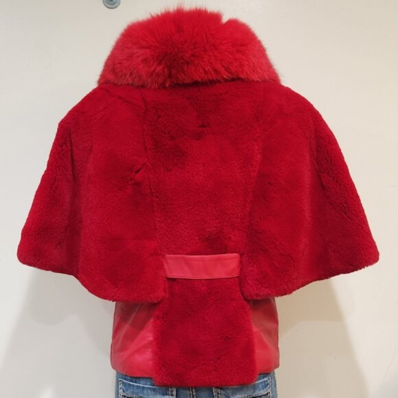 💥STUNNING!💥VTG 100% Lamb Leather, Genuine Fox & Rabbit Fur Cape Vest in Red - Picture 5 of 16